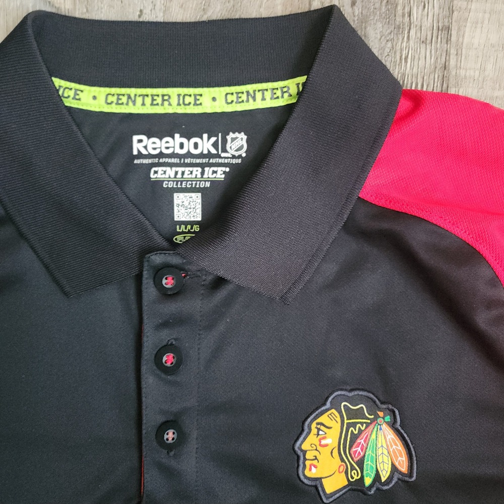 Reebok Polo Shirt Mens Large Black Red Chicago Blackhawks NHL Center Ice PlayDry - Picture 2 of 4